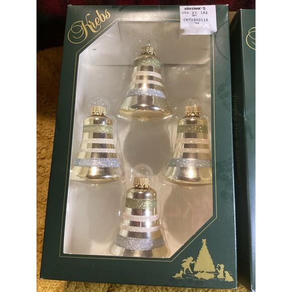 KREBS Glass Christmas Ornaments Tiffany Chiffon Bells Glitter Stripes 2 Boxes - Picture 3 of 10
